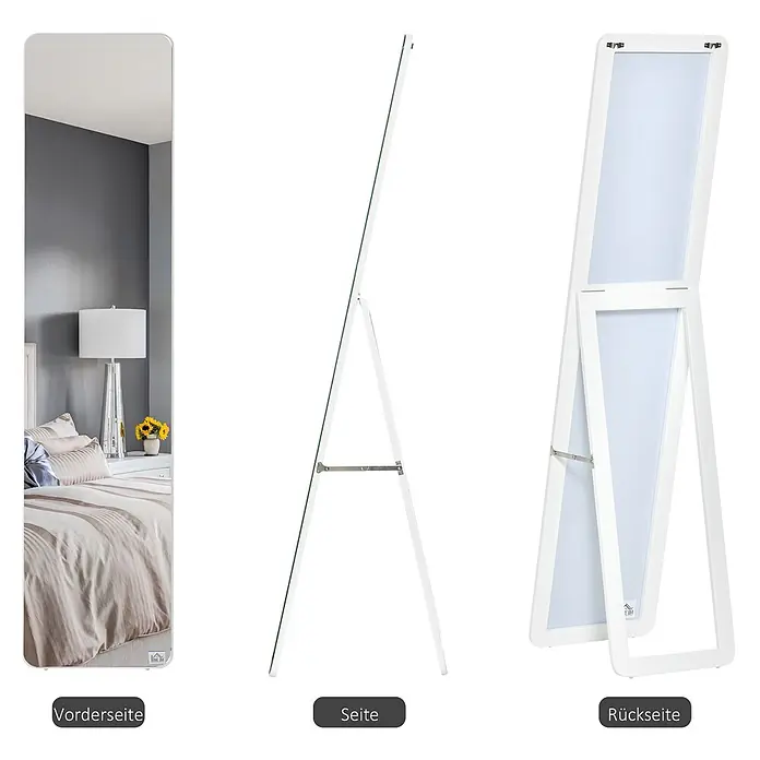 HOMCOM-Ankleidespiegel-37B x 43T x 156H cm-Weiß -  - Weißer Standspiegel mit A-Rahmen, von vorne, Seite und hinten gezeigt.