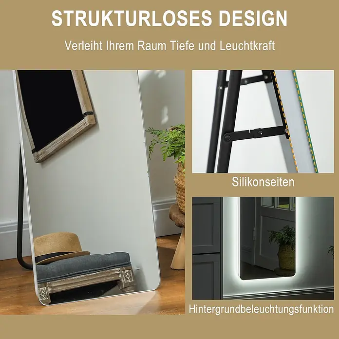 Homcom Standspiegel - Gold, Glas - Standspiegel mit schlankem Rahmen, Rücklichtfunktion und schützenden Silikonkanten.