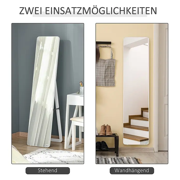 HOMCOM-Ankleidespiegel-37B x 43T x 156H cm-Weiß -  - Ein weißer Ganzkörperspiegel wird freistehend auf einem Ständer und wandmontiert gezeigt, um zwei Einsatzmöglichkeiten zu demonstrieren.