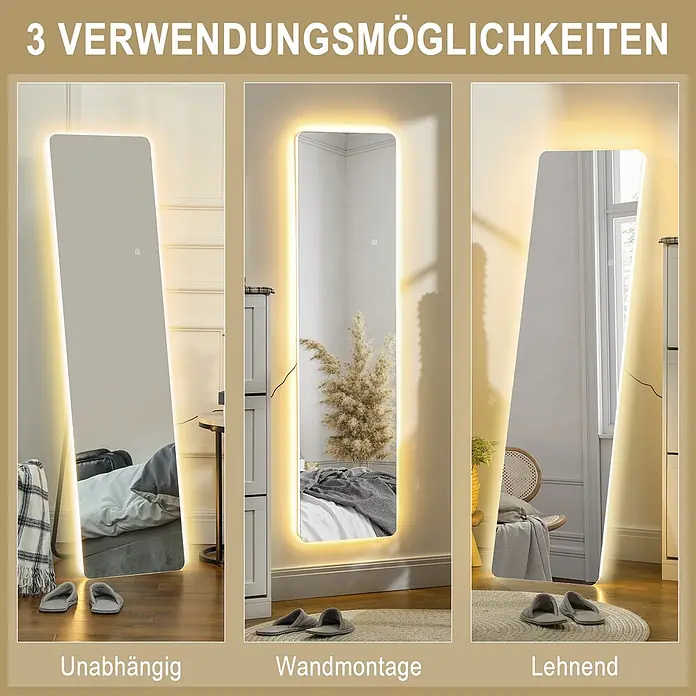 Homcom Standspiegel - Gold, Glas - LED-beleuchteter Ganzkörperspiegel, freistehend, wandmontiert und angelehnt dargestellt.