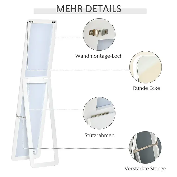 HOMCOM-Ankleidespiegel-37B x 43T x 156H cm-Weiß -  - Weißer Standspiegel mit Detailansichten von Wandhalterung, runder Ecke, Stützscharnieren und verstärkter Stange.