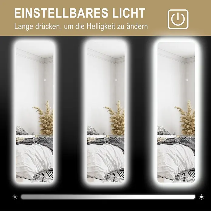 Homcom Standspiegel - Gold, Glas - Drei Ganzkörperspiegel mit einstellbarer LED-Beleuchtung, die unterschiedliche Helligkeiten zeigen.