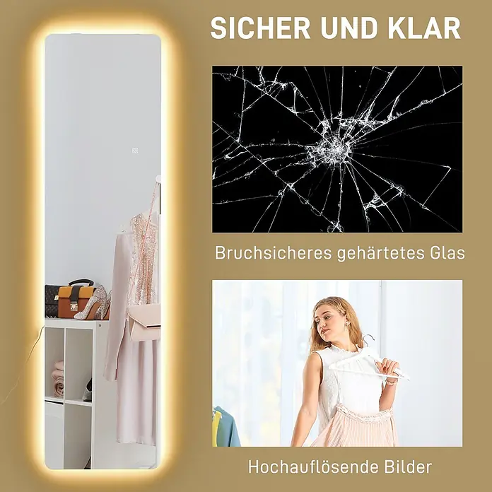 Homcom Standspiegel - Gold, Glas - Ganzkörperspiegel mit LED-Beleuchtung, bruchsicherem gehärtetem Glas und hochauflösender Reflexion für klare Bilder.