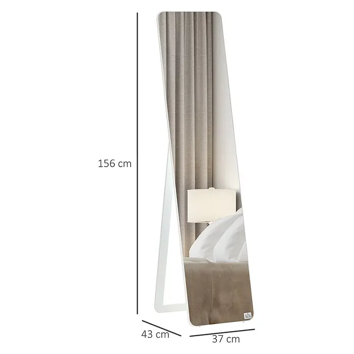 HOMCOM-Ankleidespiegel-37B x 43T x 156H cm-Weiß -  - Weißer Standspiegel, 156x37x43 cm, der ein Schlafzimmer mit Vorhängen und Lampe reflektiert.