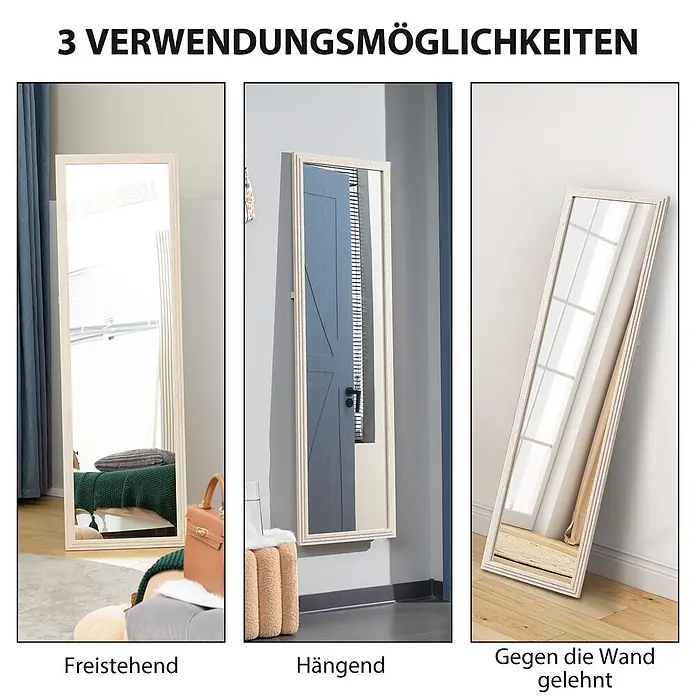 Homcom Standspiegel - Weiß, Glas - Standspiegel mit hellem Holzrahmen, zeigt drei Verwendungsarten: freistehend, hängend und an die Wand gelehnt.