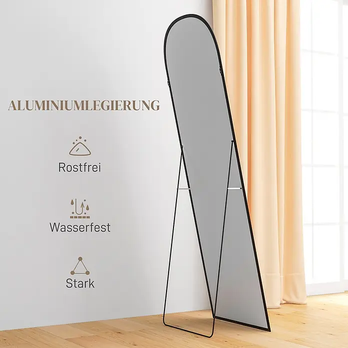 HOMCOM-Ganzkörperspiegel-50L x 1,5B x 161,5H cm-Schwarz -  - Schwarzer Standspiegel mit bogenförmigem Oberteil, Aluminiumlegierungsrahmen und Ständer.
