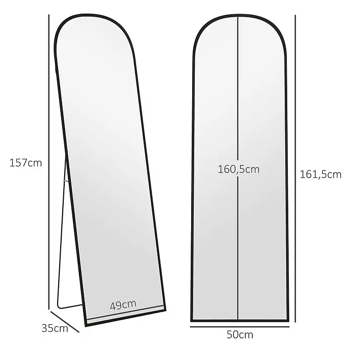 Homcom Standspiegel - Schwarz, Glas - Schwarzer Standspiegel mit gewölbter Oberseite und Maßen.