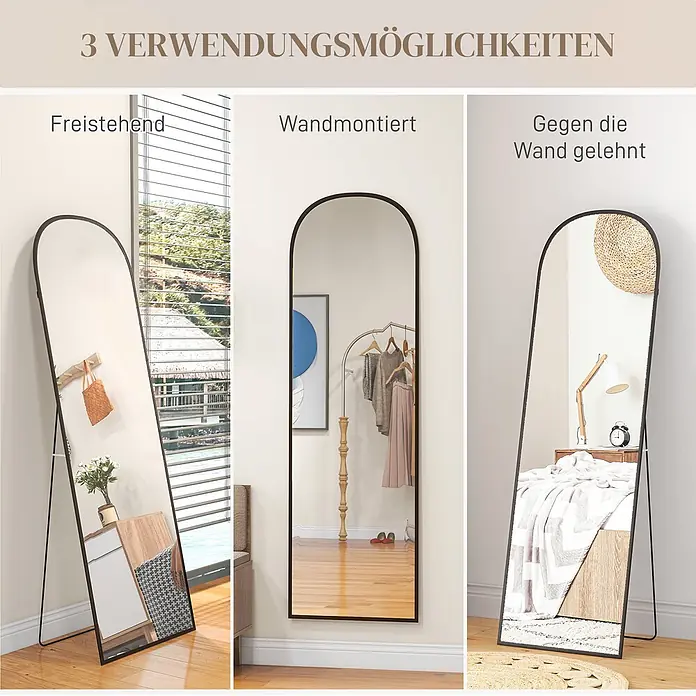 Homcom Standspiegel - Schwarz, Glas - Schwarzer bogenförmiger Ganzkörperspiegel, freistehend, wandmontiert und angelehnt gezeigt.
