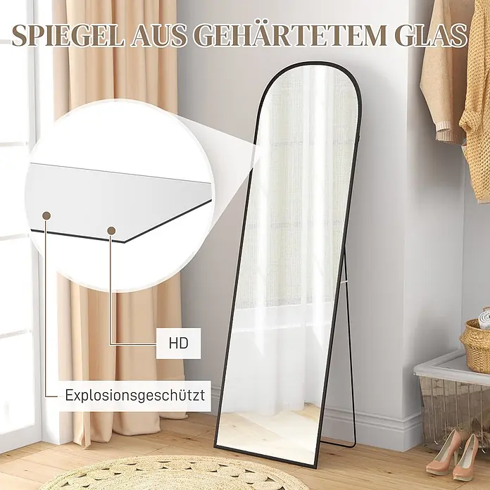 Homcom Standspiegel - Schwarz, Glas - Stehender Ganzkörperspiegel mit schwarzem Rahmen aus gehärtetem, explosionsgeschütztem Glas.