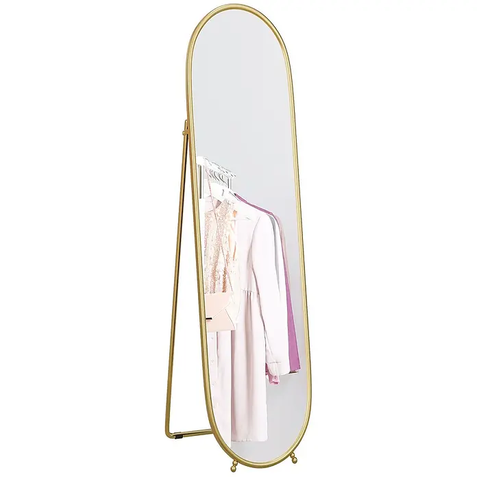 Homcom Standspiegel - Gold, Glas - Goldener ovaler Standspiegel mit integrierter Kleiderstange, die hinter der Spiegelfläche sichtbar ist.