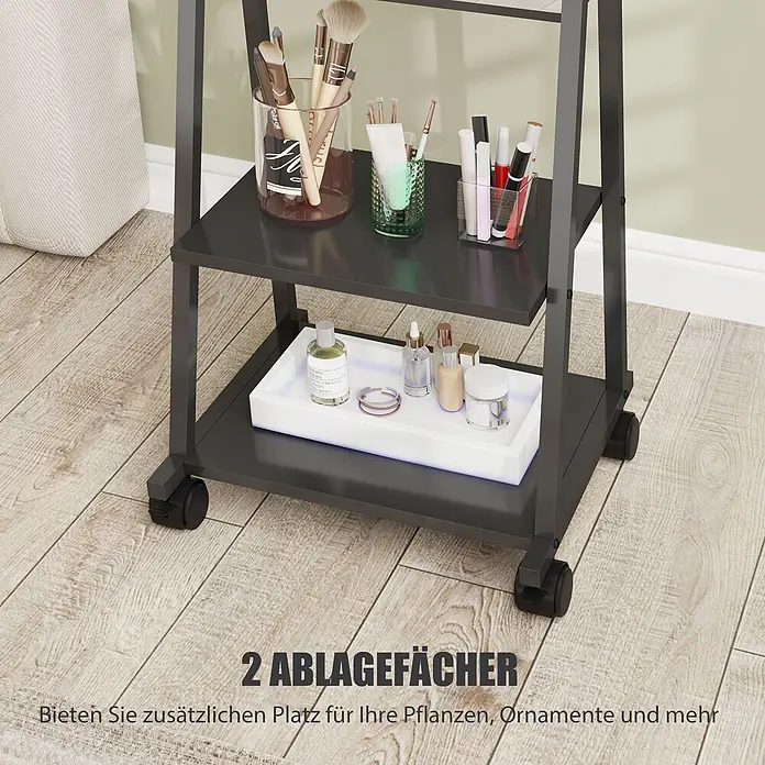 HOMCOM-Ganzkörperspiegel-40L x 4B x 160H cm-Gold -  - Dunkelgrauer Rollwagen mit zwei Ablagen für Kosmetika und Kleinigkeiten.