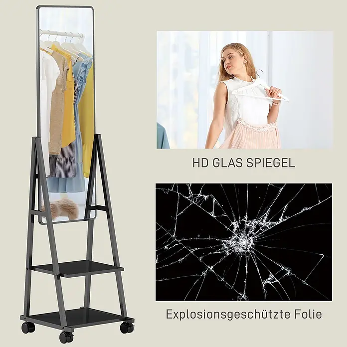 Homcom Standspiegel - Gold, Glas - Schwarzer Ganzkörperspiegel aus Metall mit Kleiderstange, zwei Ablagen und Rollen. Verfügt über HD-Sicherheitsglas.