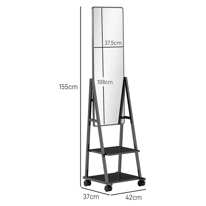 Homcom Standspiegel - Gold, Glas - Mobiler Ganzkörperspiegel mit schwarzem Metallrahmen und zwei Ablagen auf Rollen.