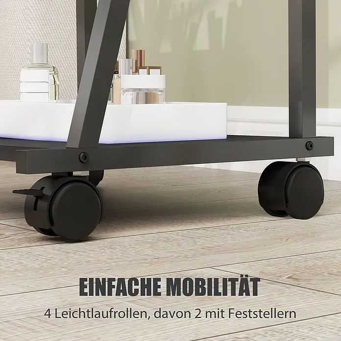 HOMCOM-Ganzkörperspiegel-40L x 4B x 160H cm-Gold -  - Dunkles Metallgestell eines Rollwagens mit 4 schwarzen Lenkrollen, davon 2 feststellbar, auf Holzboden.