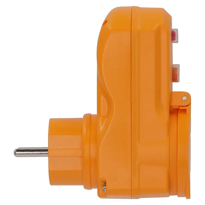 Brennenstuhl Schutzadapter BDI-A 2 30 - Polanzahl: 2 Stk., IP54, 16 A, Gelb - Orangefarbener abgewinkelter Stromadapter aus Kunststoff mit silbernen Metallsteckernadeln links.
