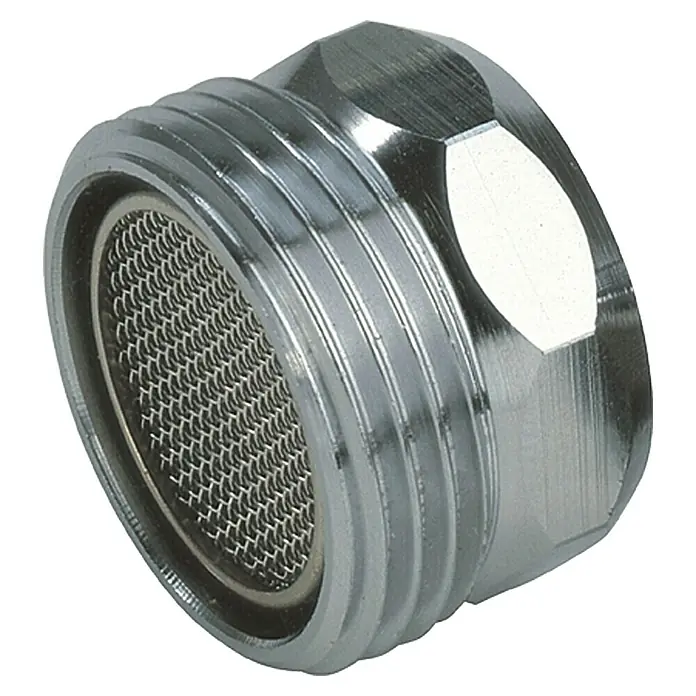 Gardena Perlstrahl-Gewindeadapter - M 22 x 1 - Nahaufnahme eines verchromten Wasserhahn-Strahlreglers mit Sieb. Der Regler ist für eine saubere Wasserversorgung konzipiert.