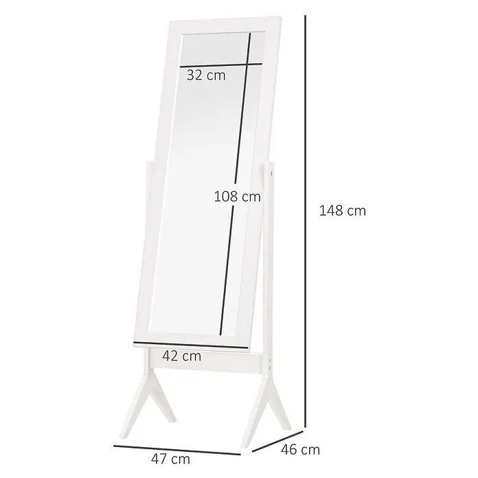 Homcom Standspiegel -  - Weißer Standspiegel, 148 cm hoch, 47 cm breit, 46 cm tief. Spiegelfläche 108x32 cm.