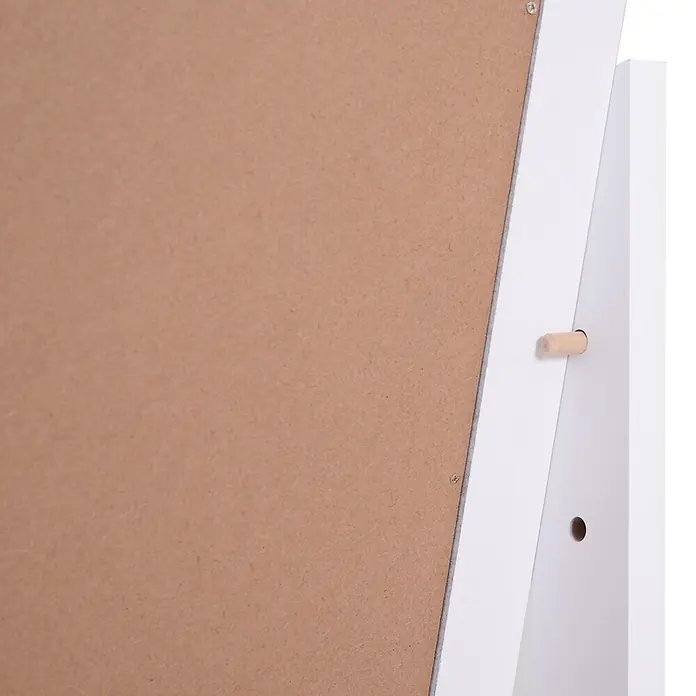 HOMCOM-Standspiegel-B47 x T46 x H148 cm-Weiß -  - Weißes Möbelteil mit brauner Rückwand, mit Nägeln befestigt. Ein Holzdübel ist teilweise in ein Loch gesteckt, was die Möbelmontage zeigt.