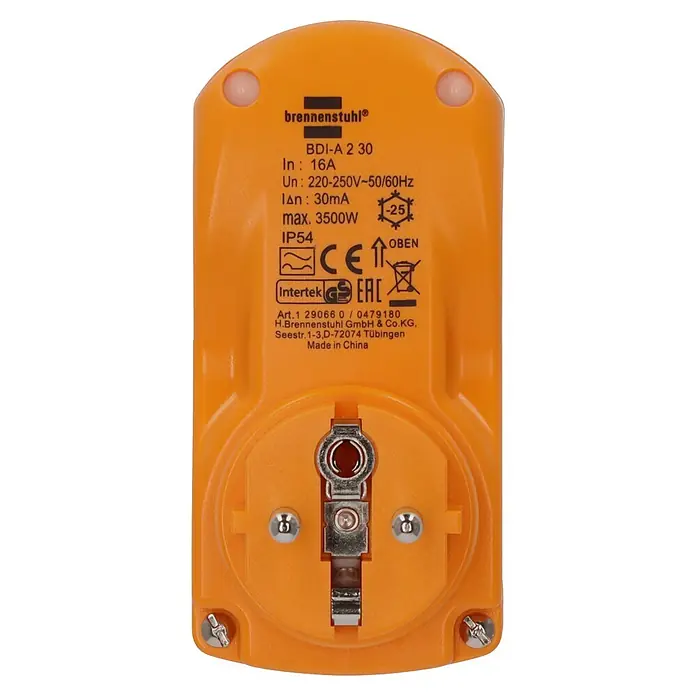 Brennenstuhl Schutzadapter BDI-A 2 30 - Polanzahl: 2 Stk., IP54, 16 A, Gelb - Oranger Brennenstuhl FI-Schutzschalter-Adapter, IP54, mit Schuko-Steckdose für elektrische Sicherheit.