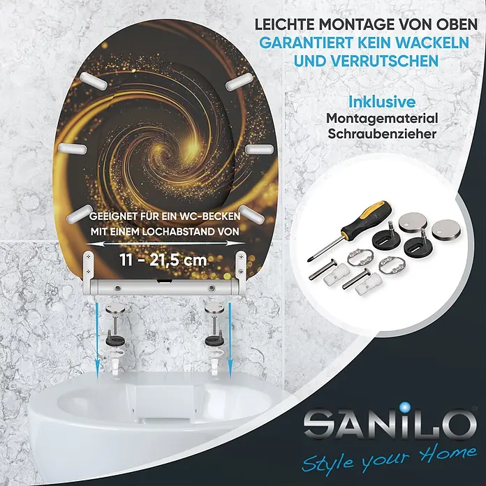 WC-Sitz mit Absenkautomatik & Top Fix Vortex -  - Schwarzer Toilettensitz mit goldener Spiral-Design, gezeigt mit Top-Fix-Montage und inklusive Montageset und Schraubenzieher.
