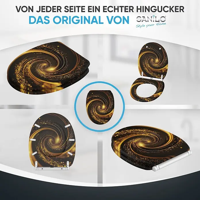 WC-Sitz mit Absenkautomatik & Top Fix Vortex -  - Sanilo Toilettensitz mit goldener Wirbel- und Glitzerverzierung, aus verschiedenen Perspektiven gezeigt.