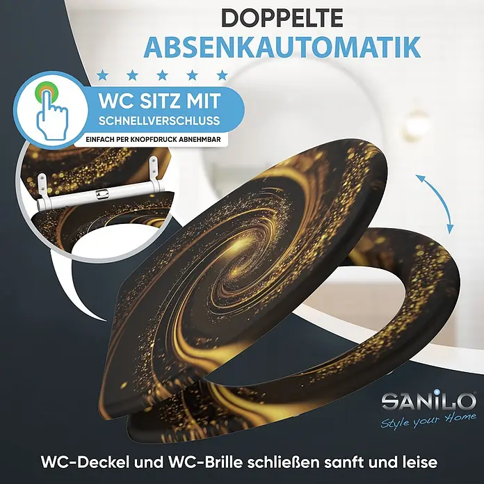 WC-Sitz mit Absenkautomatik & Top Fix Vortex -  - Schwarzer WC-Sitz mit goldenem Wirbelmuster, doppelter Absenkautomatik und Schnellverschluss. Schließt sanft und leise.