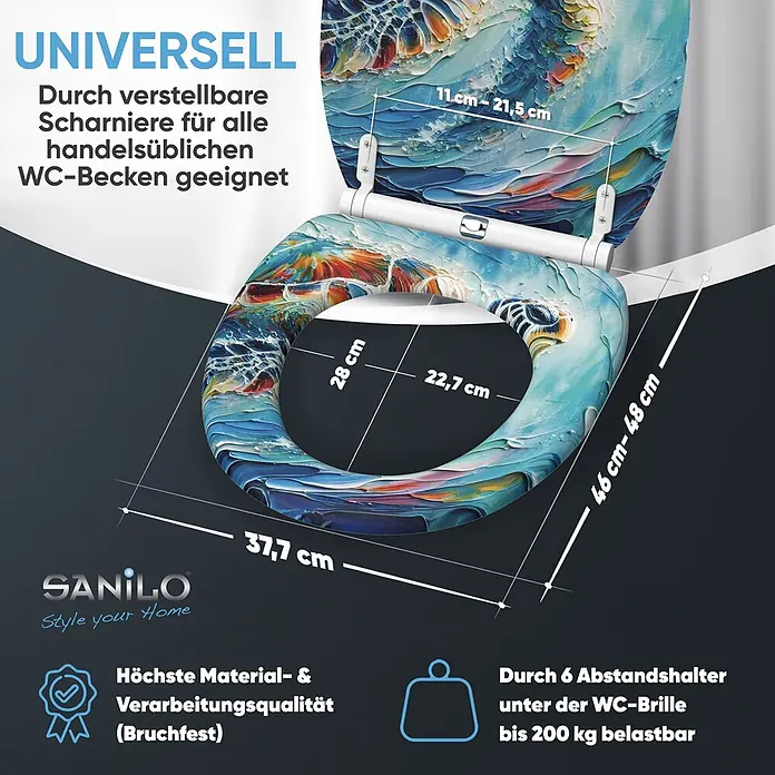 WC-Sitz mit Absenkautomatik & Top Fix Maruva -  - WC-Sitz mit abstraktem blauem Design, universell passend (L 46-48cm, B 37.7cm). Bruchfest, bis 200kg belastbar.