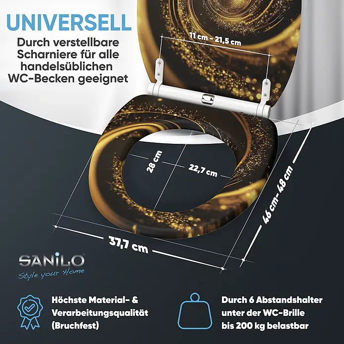 WC-Sitz mit Absenkautomatik & Top Fix Vortex -  - Dunkler WC-Sitz mit goldenem Glitzer-Muster, zeigt verstellbare Scharniere und universelle Maße (37.7x46-48cm, innen 22.7x28cm).