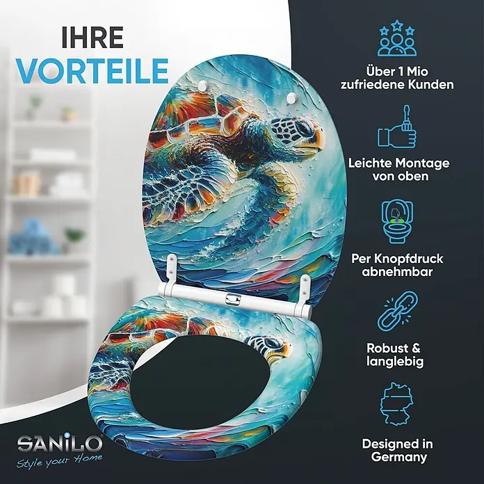 WC-Sitz mit Absenkautomatik & Top Fix Maruva -  - Toilettensitz mit lebhaftem, künstlerischem Design einer Meeresschildkröte, die in Wellen schwimmt.