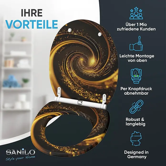 WC-Sitz mit Absenkautomatik & Top Fix Vortex -  - Schwarzer Toilettensitz mit einem leuchtenden, gold glitzernden Spiraldesign.