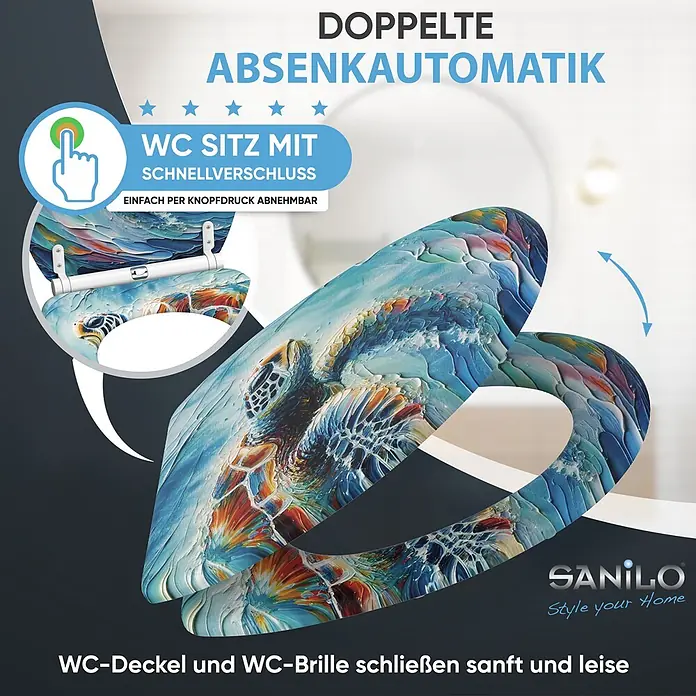 WC-Sitz mit Absenkautomatik & Top Fix Maruva -  - WC-Sitz mit farbenfrohem, abstraktem Meeresschildkröten-Design, doppelter Absenkautomatik und Schnellverschluss.
