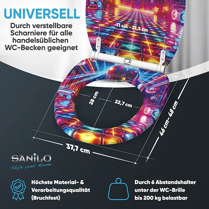 WC-Sitz mit Absenkautomatik & Top Fix Disco -  - WC-Sitz im Disco-Design mit verstellbaren Scharnieren, bruchfest und bis 200 kg belastbar.