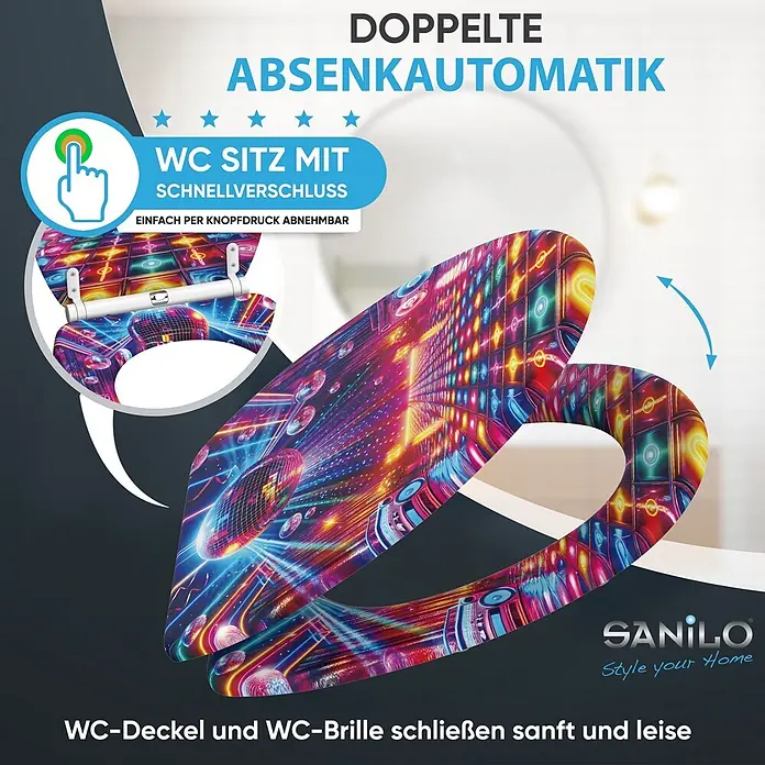 WC-Sitz mit Absenkautomatik & Top Fix Disco -  - Bunter WC-Sitz mit Disco-Muster, doppelter Absenkautomatik und Schnellverschluss. Deckel und Brille schließen sanft und leise.
