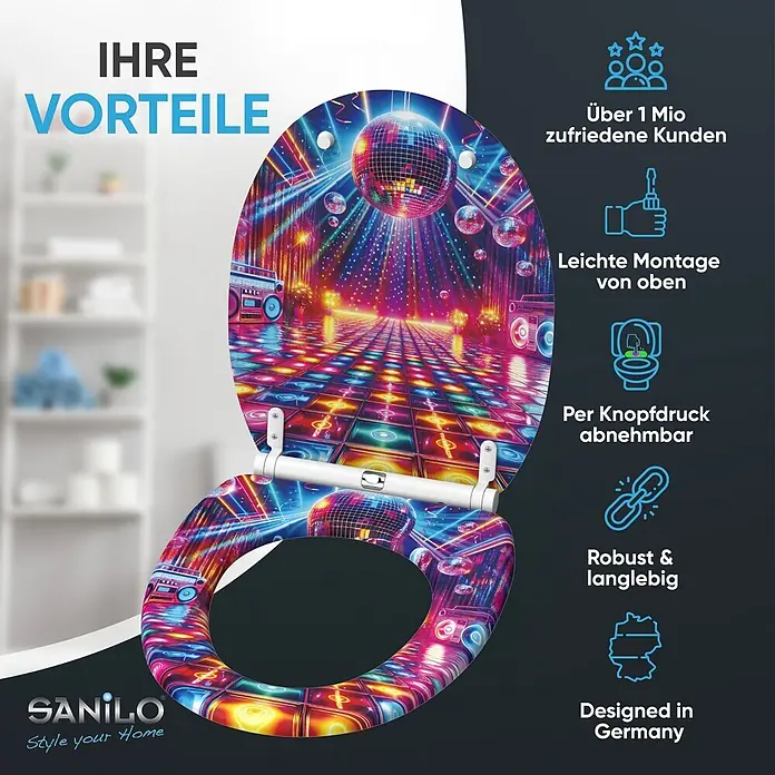 WC-Sitz mit Absenkautomatik & Top Fix Disco -  - Toilettensitz mit lebhaftem Disco-Party-Design, das Discokugeln, eine leuchtende Tanzfläche und Ghettoblaster zeigt.