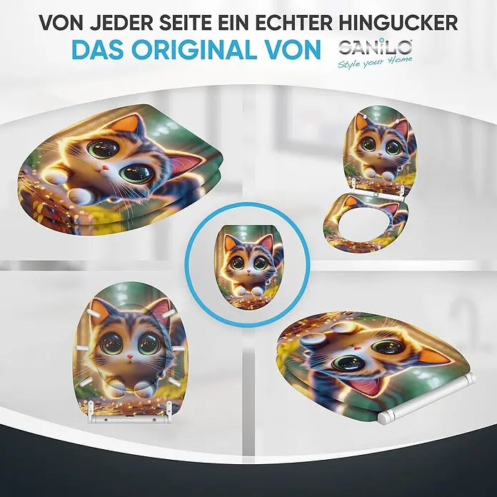 WC-Sitz mit Absenkautomatik & Top Fix Twinky -  - WC-Sitz mit buntem Design einer niedlichen Katze mit großen Augen, aus verschiedenen Perspektiven gezeigt.