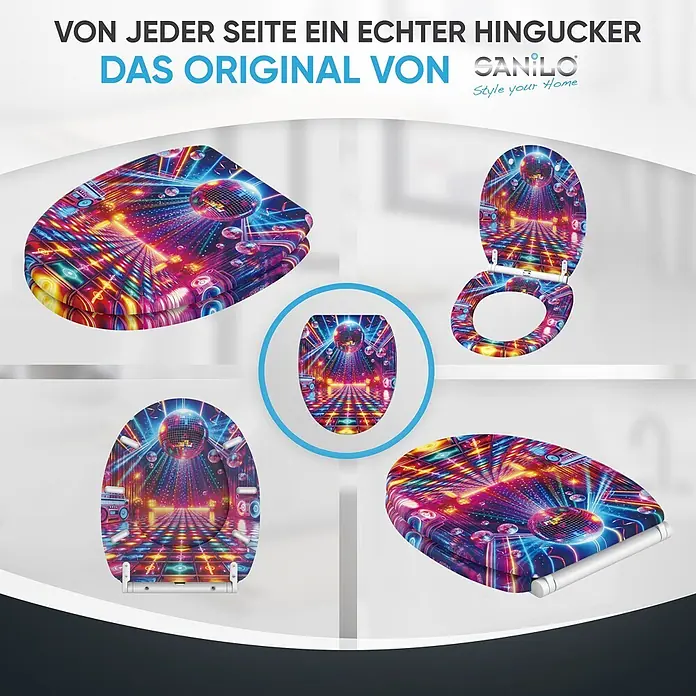 WC-Sitz mit Absenkautomatik & Top Fix Disco -  - Toilettensitz mit lebhaftem, mehrfarbigem Disco-Design, Diskokugel und leuchtendem Tanzflächenmuster.