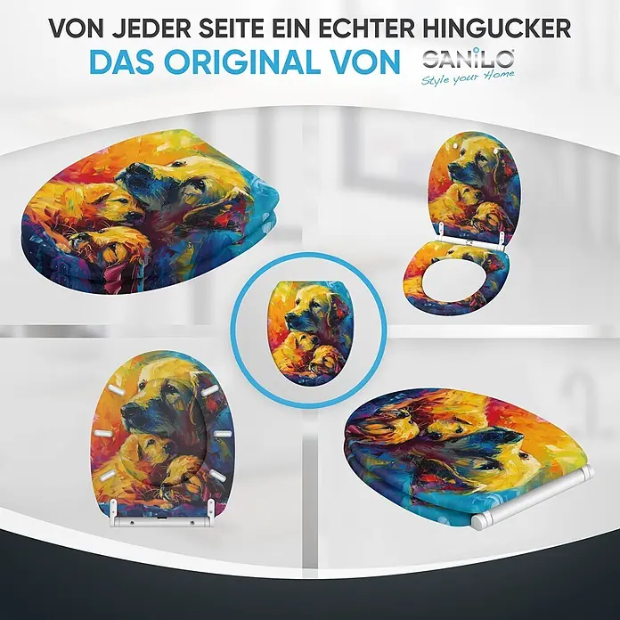 WC-Sitz mit Absenkautomatik & Top Fix Snuggle -  - Farbiger Toilettensitz mit künstlerischem Gemälde einer Golden Retriever Familie (Mutterhund mit Welpen), aus verschiedenen Blickwinkeln gezeigt.