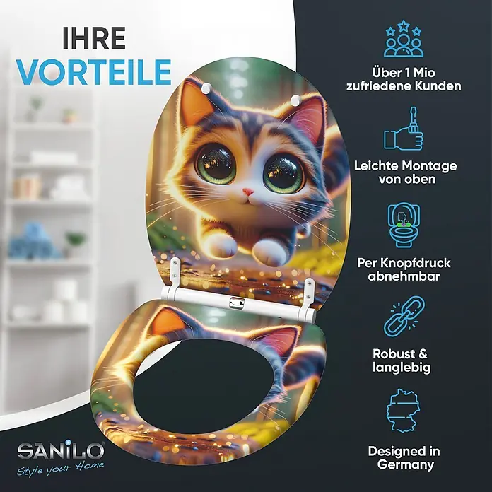 WC-Sitz mit Absenkautomatik & Top Fix Twinky -  - Weißer Toilettensitz mit niedlichem Cartoon-Katzenmotiv auf Deckel und Ring, mit weißen, leicht abnehmbaren Scharnieren.
