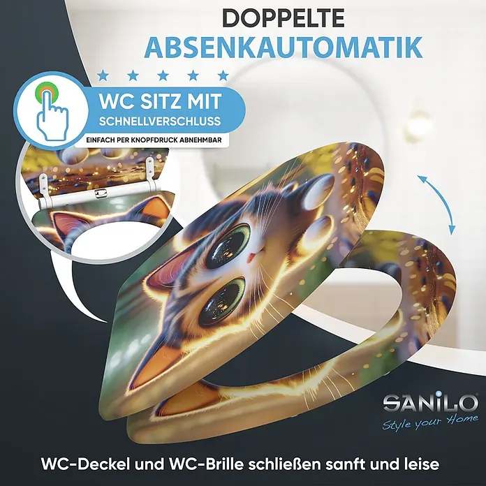 WC-Sitz mit Absenkautomatik & Top Fix Twinky -  - WC-Sitz mit niedlichem Katzenmotiv, doppelter Absenkautomatik und Schnellverschluss zur einfachen Abnahme.