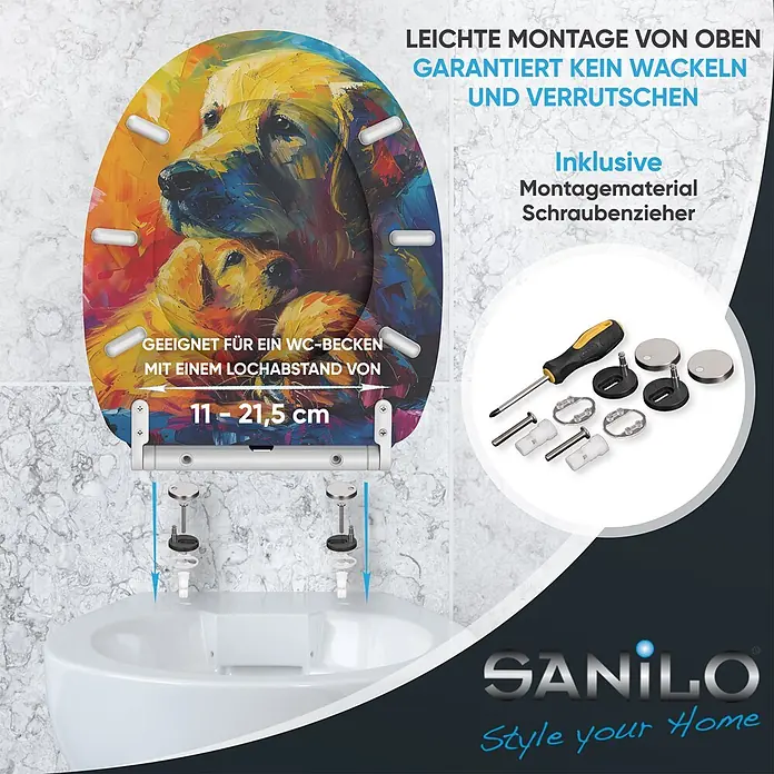 WC-Sitz mit Absenkautomatik & Top Fix Snuggle -  - WC-Sitz mit Hundemotiv, oben montierbar, wackelfrei, passend für 11-21,5 cm Lochabstand. Inklusive Montagematerial und Schraubendreher.