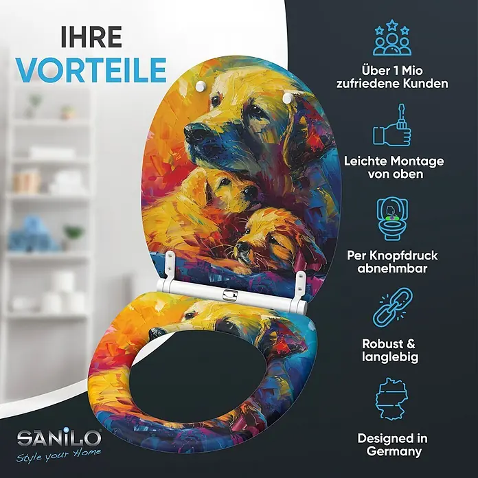 WC-Sitz mit Absenkautomatik & Top Fix Snuggle -  - Bunter WC-Sitz mit künstlerischem Gemälde von Golden Retrievern, geöffnet dargestellt mit weißen Scharnieren.