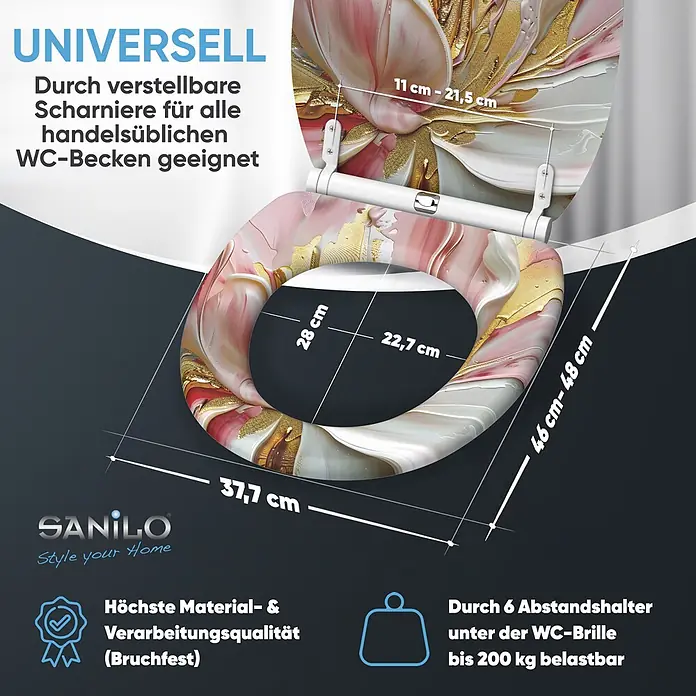 WC-Sitz mit Absenkautomatik & Top Fix Magnolia -  - Dekorativer WC-Sitz mit rosa, weißem und goldenem, abstraktem Blumendesign. Mit verstellbaren Scharnieren für universelle Passform und hohe Belastbarkeit.
