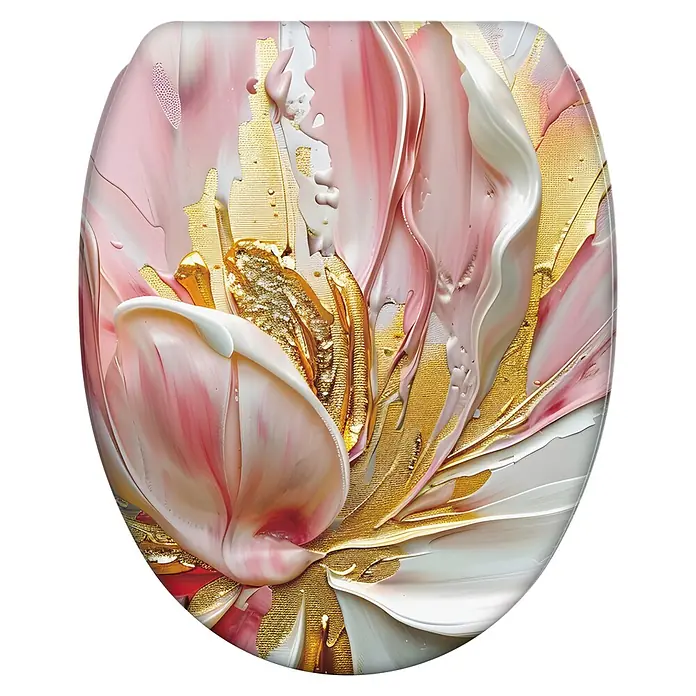 WC-Sitz mit Absenkautomatik & Top Fix Magnolia -  - Toilettendeckel mit abstraktem, rosa, weißem und goldenem Blumen-Impasto-Design.