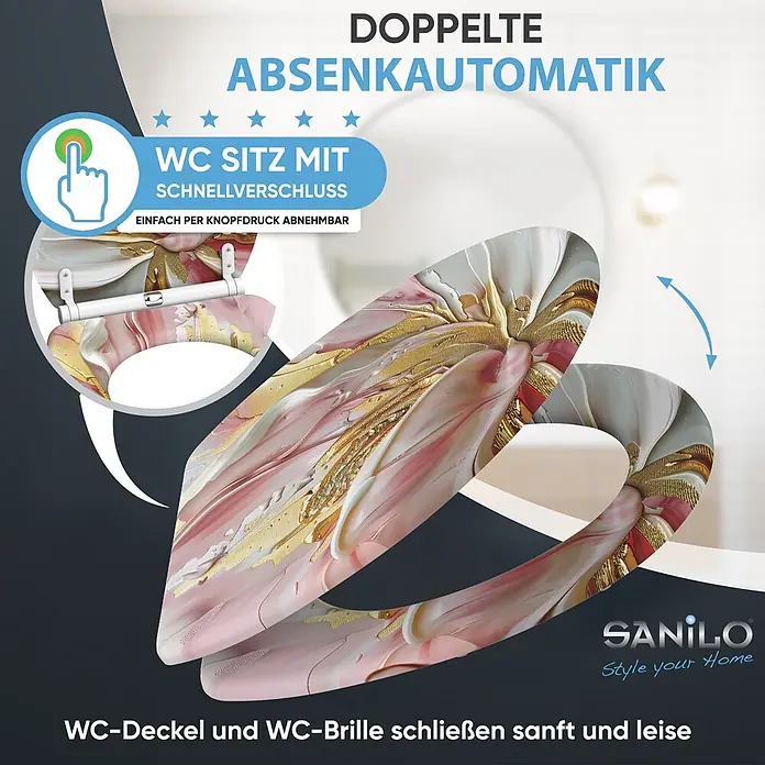 WC-Sitz mit Absenkautomatik & Top Fix Magnolia -  - WC-Sitz mit dekorativem Muster in Rosa-Gold-Weiß, Doppel-Absenkautomatik und Schnellverschluss zur einfachen Reinigung.
