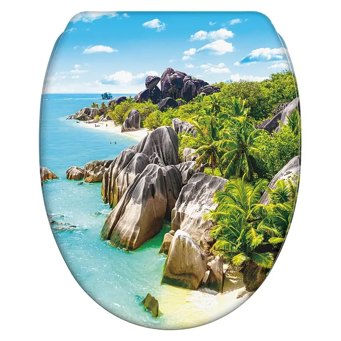 WC-Sitz mit Absenkautomatik & Top Fix Seychellen -  - Toilettensitz mit tropischem Strandmotiv: türkises Meer, weißer Sand, Felsen und Palmen unter blauem Himmel.