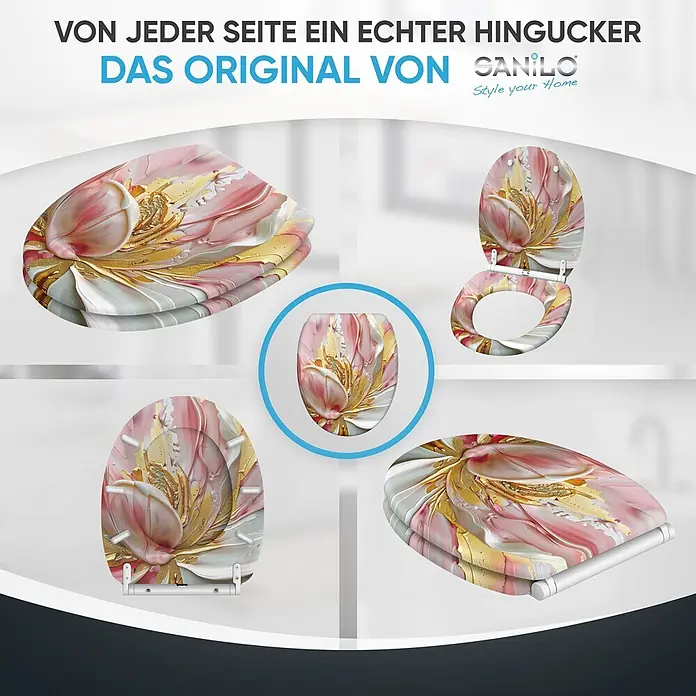 WC-Sitz mit Absenkautomatik & Top Fix Magnolia -  - Toilettensitz mit abstraktem rosa, weißem und goldenem Blumenmuster, aus verschiedenen Blickwinkeln geöffnet und geschlossen dargestellt.
