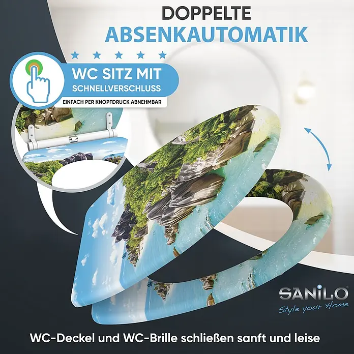 WC-Sitz mit Absenkautomatik & Top Fix Seychellen -  - Tropischer WC-Sitz mit Schnellverschluss und doppelter Absenkautomatik für sanftes Schließen.