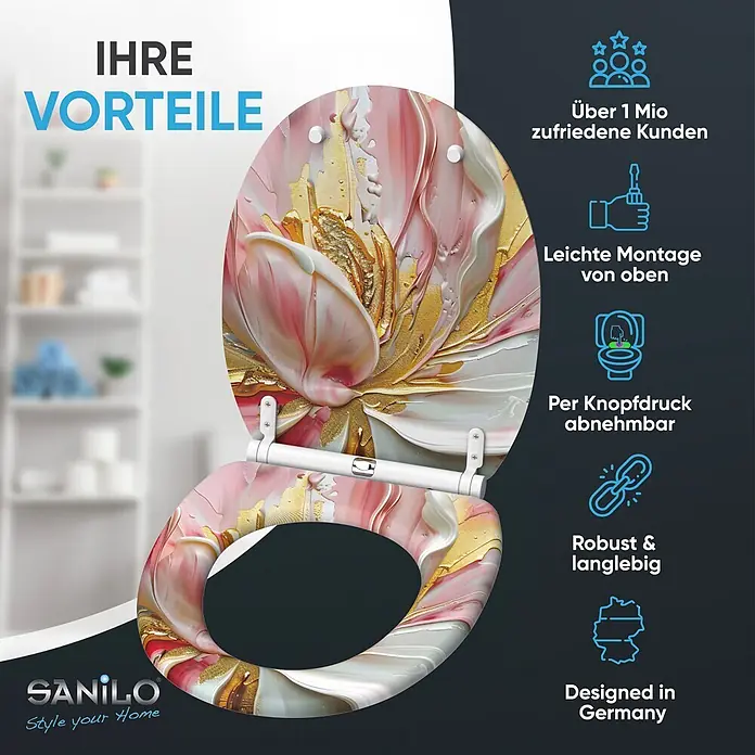 WC-Sitz mit Absenkautomatik & Top Fix Magnolia -  - Weißer Toilettensitz mit lebhaftem rosa, weißem und goldenem abstraktem Blumenmuster auf Deckel und Brille.