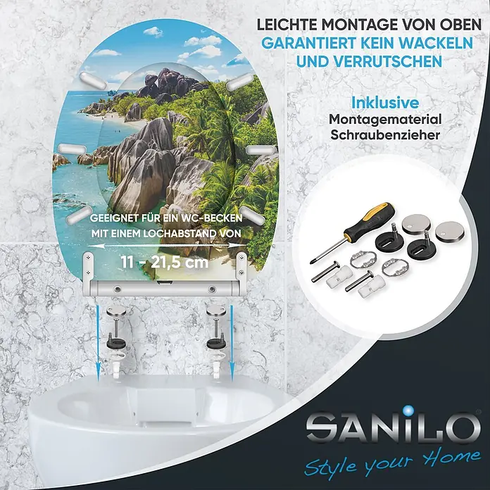 WC-Sitz mit Absenkautomatik & Top Fix Seychellen -  - WC-Sitz mit Strandmotiv, Top-Mount-Montage, Lochabstand 11-21,5cm, inkl. Montagematerial & Schraubendreher.