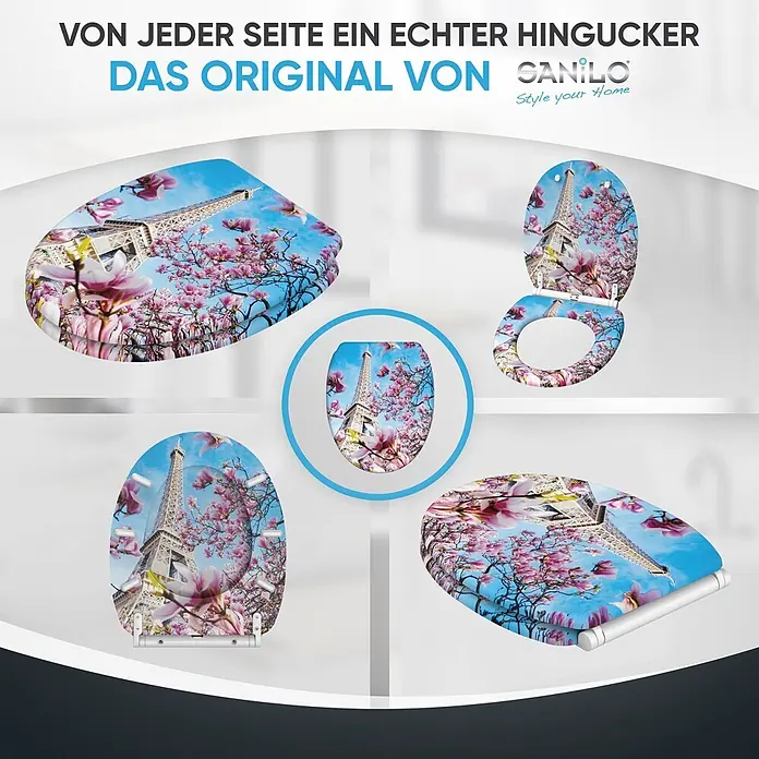 WC-Sitz mit Absenkautomatik & Top Fix Paris -  - Weißer Toilettensitz mit Eiffelturm- und Magnolienmotiv. Zeigt verschiedene Ansichten des dekorierten Sitzes.